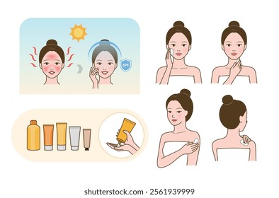 Different types of suncream, process of applying suncream on face and body(before and after comparison)