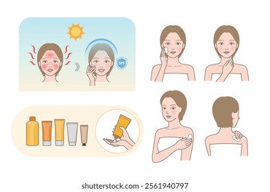 Different types of suncream, process of applying suncream on face and body(before and after comparison)