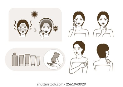 Different types of suncream, process of applying suncream on face and body(before and after comparison)