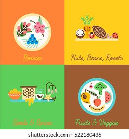 Different types of superfoods. Berries, nuts, seeds, roots, fruits, veggies, spices For healthy and energetic lifestyle Modern holistic medicine.