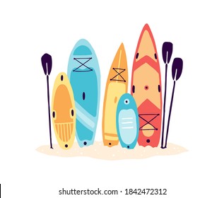 Different types of surf and sup boards and paddles on the beach. Summer water sport themed vector illustration.