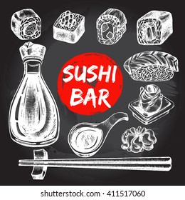 Different types of sushi, Chopsticks (hashi), soy sauce, pickled ginger, wasabi. Hand drawn set. Vector illustration on the blackboard. Menu or signboard template for restaurant of Japanese cuisine.