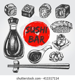 Different types of sushi, Chopsticks (hashi), soy sauce, pickled ginger, wasabi. Hand drawn set. Vector illustration in vintage style. Menu or signboard template for restaurant of Japanese cuisine.