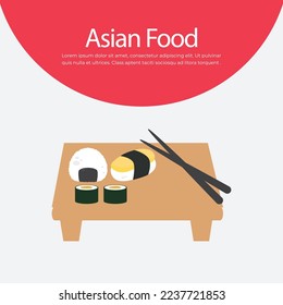 Different types of sushi on a wooden plate, Asian food