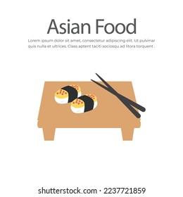 Different types of sushi on a wooden plate, Asian food