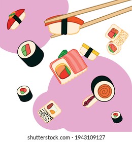 Different types of sushi and rolls levitating in the air. Design element for poster label sign emblem menu. Vector illustration.
