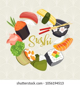 Different types of sushi and rolls as well as a cup for sake and chopsticks drawn in a flat design are arranged in a circle. On the background of the Japanese ornament.