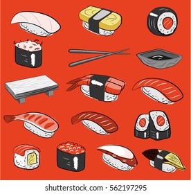 Different types of sushi. Vector stock image