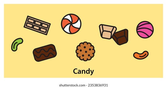 different types of sweet candy and snacks.