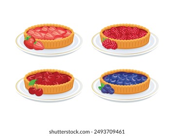 Different types of sweet pie icon set vector. Strawberry, raspberry, cherry and blueberry tartlets icons isolated on a white background. Whole sweet cream pie on a plate drawing