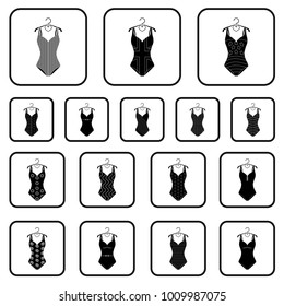 Different types of swimsuits black icons in set collection for design. Swimming accessories vector symbol stock web illustration.