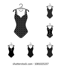 Different types of swimsuits black icons in set collection for design. Swimming accessories vector symbol stock web illustration.