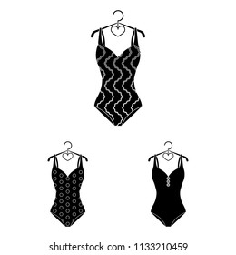 Different types of swimsuits black icons in set collection for design. Swimming accessories vector symbol stock web illustration.