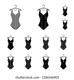 Different types of swimsuits black icons in set collection for design. Swimming accessories vector symbol stock web illustration.