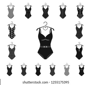 Different types of swimsuits black icons in set collection for design. Swimming accessories vector symbol stock web illustration.