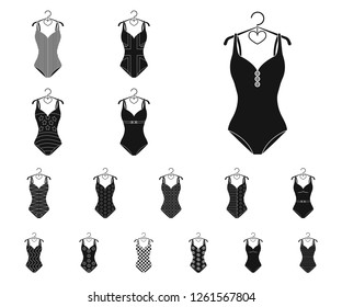Different types of swimsuits black icons in set collection for design. Swimming accessories vector symbol stock web illustration.