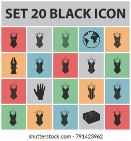Different types of swimsuits black icons in set collection for design. Swimming accessories vector symbol stock web illustration.
