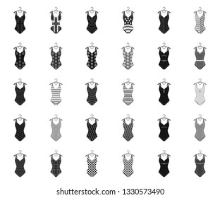 Different types of swimsuits black,monochrome icons in set collection for design. Swimming accessories vector symbol stock web illustration.