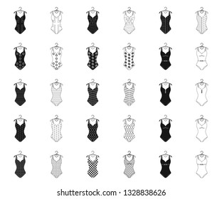 Different types of swimsuits black,outline icons in set collection for design. Swimming accessories vector symbol stock web illustration.