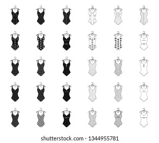 Different types of swimsuits black,outline icons in set collection for design. Swimming accessories vector symbol stock web illustration.