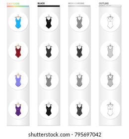 Different types of swimsuits cartoon black monochrome outline icons in set collection for design. Swimming accessories vector symbol stock web illustration.