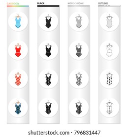 Different types of swimsuits cartoon black monochrome outline icons in set collection for design. Swimming accessories vector symbol stock web illustration.