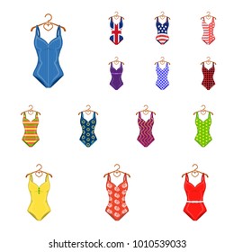 Different types of swimsuits cartoon icons in set collection for design. Swimming accessories vector symbol stock web illustration.