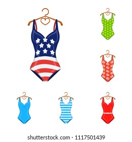 Different types of swimsuits cartoon icons in set collection for design. Swimming accessories vector symbol stock web illustration.