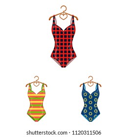 Different types of swimsuits cartoon icons in set collection for design. Swimming accessories vector symbol stock web illustration.