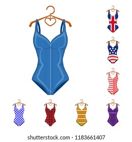 Different types of swimsuits cartoon icons in set collection for design. Swimming accessories vector symbol stock web illustration.