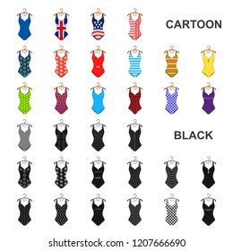 Different types of swimsuits cartoon icons in set collection for design. Swimming accessories vector symbol stock web illustration.