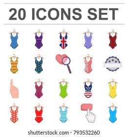 Different types of swimsuits cartoon icons in set collection for design. Swimming accessories vector symbol stock web illustration.