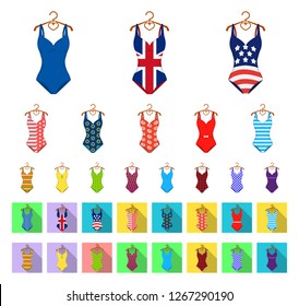 Different types of swimsuits cartoon,flat icons in set collection for design. Swimming accessories vector symbol stock web illustration.