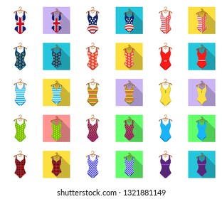 Different types of swimsuits cartoon,flat icons in set collection for design. Swimming accessories vector symbol stock web illustration.