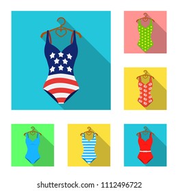 Different types of swimsuits flat icons in set collection for design. Swimming accessories vector symbol stock web illustration.