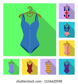 Different types of swimsuits flat icons in set collection for design. Swimming accessories vector symbol stock web illustration.