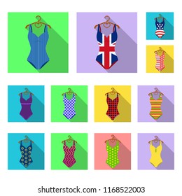 Different types of swimsuits flat icons in set collection for design. Swimming accessories vector symbol stock web illustration.