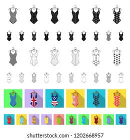 Different types of swimsuits flat icons in set collection for design. Swimming accessories vector symbol stock web illustration.