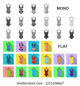 Different types of swimsuits flat icons in set collection for design. Swimming accessories vector symbol stock web illustration.