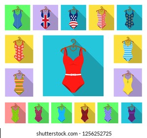 Different types of swimsuits flat icons in set collection for design. Swimming accessories vector symbol stock web illustration.