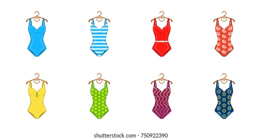 Different types of swimsuits icons in set collection for design. Swimming accessories vector symbol stock  illustration.
