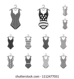 Different types of swimsuits monochrome icons in set collection for design. Swimming accessories vector symbol stock web illustration.