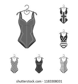 Different types of swimsuits monochrome icons in set collection for design. Swimming accessories vector symbol stock web illustration.