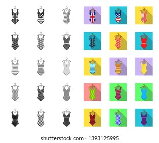 Different types of swimsuits mono,flat icons in set collection for design. Swimming accessories vector symbol stock web illustration.