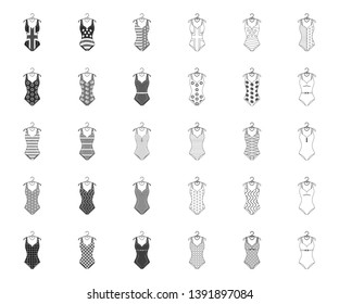 Different types of swimsuits mono,outline icons in set collection for design. Swimming accessories vector symbol stock web illustration.