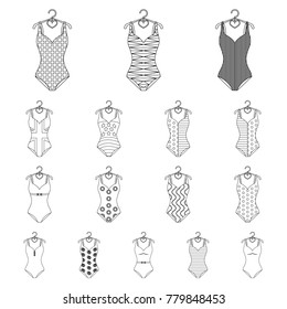 Different types of swimsuits outline icons in set collection for design. Swimming accessories vector symbol stock web illustration.
