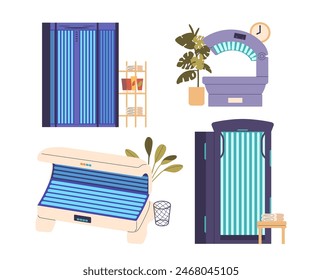 Different Types Of Tanning Beds And Solarium Equipment Used In A Spa Setting. Vertical And Horizontal Tanning Beds