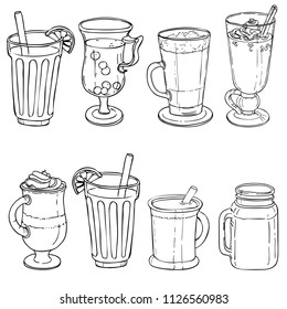 Different types of tea in cups. Coffee background. Vector outline