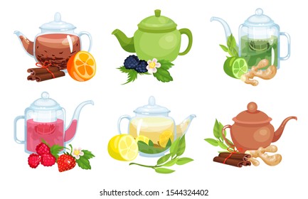 Different Types of Tea Poured in Various Teapots Made of Different Materials Vector Set