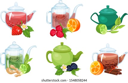 Different Types of Tea Poured in Various Teapots Made of Different Materials Vector Set